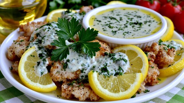 Fish fillet served with lemon, creamy sauce, and fresh parsley, creating a gourmet meal