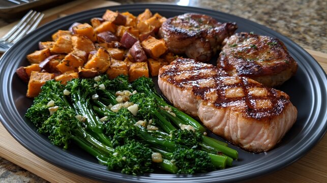 Balanced meal featuring grilled salmon, pork, roasted sweet potatoes, and broccolini