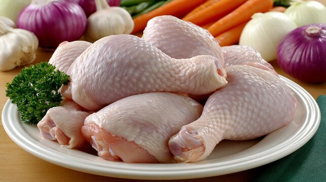 Raw chicken drumsticks on a plate with fresh garlic, onions, parsley, and carrots