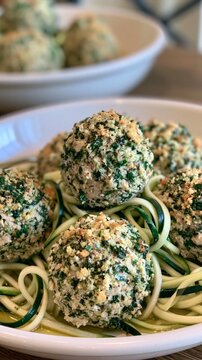 Spinach and breadcrumb-crusted meatballs on a bed of fresh zucchini noodles, a healthy low-carb meal