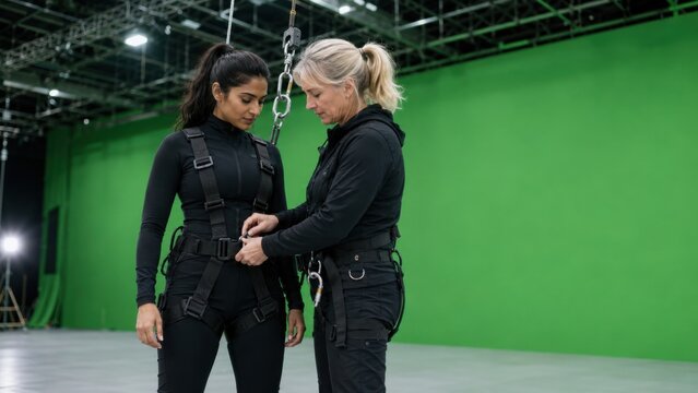 Stuntwoman in black harness being assisted by trainer in black attire inside a studio with green screen backdrop and overhead rigging for stunt preparation