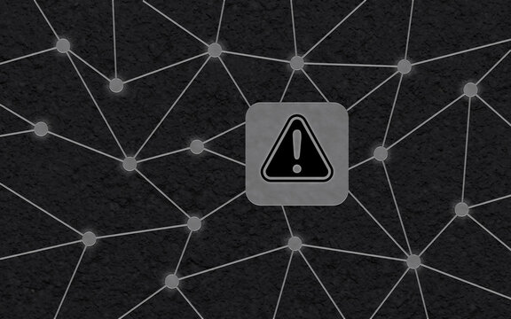Ein dunkles Netzwerk aus Linien und Knotenpunkten zeigt ein zentrales Warnsymbol mit einem Ausrufezeichen als Symbol f&uuml;r Systemfehler und Sicherheitsrisiko.