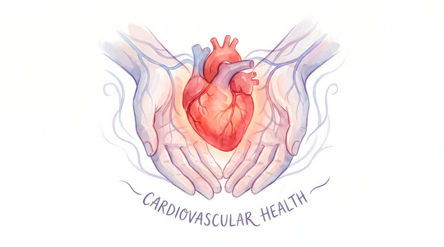 Artistic watercolor of hands holding an anatomical heart for cardiovascular health awareness.