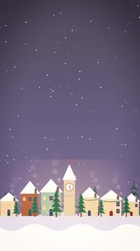 Snow falls over a cozy vertical Christmas village with glowing windows, decorated trees, and soft winter colors, creating a festive animated scene for holiday marketing and ads.