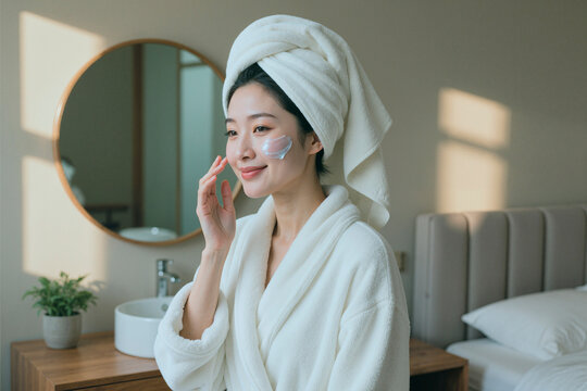 Asian young adult woman applying facial cream after shower, following skincare routine at home and supporting self care concept. Ideal for beauty wellness spa or cosmetic marketing