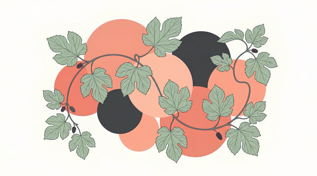 Abstract botanical illustration with grape vine leaves and geometric circles background