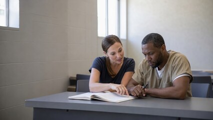 Obraz premium Female prison counselor assists male inmate with paperwork at a table in a correctional facility, bright windows providing natural light in the background