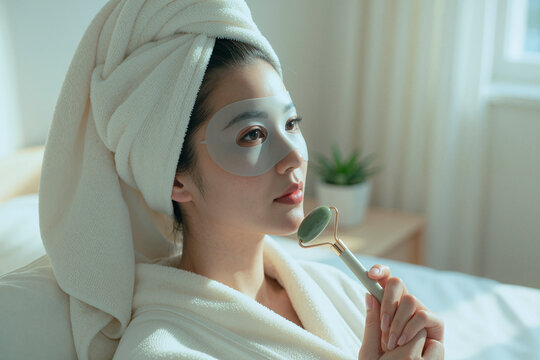 Asian young adult woman applying jade roller with under eye patches during skincare routine, promoting self care and beauty wellness. Ideal for spa, cosmetics, skincare marketing
