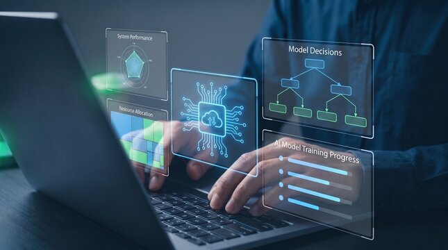 ai model training and system performance monitoring. developer using laptop with holographic interface for model decisions, resource allocation, and machine learning progress tracking.