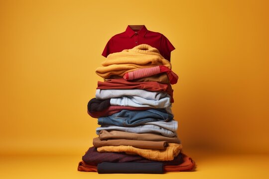 Large pile of colorful folded warm clothes with shirt on top symbolizing getting ready for winter season