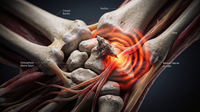 Labeled 3D Medical Diagram of Wrist Osteophyte Compressing Median Nerve with Concentric Pain Waves