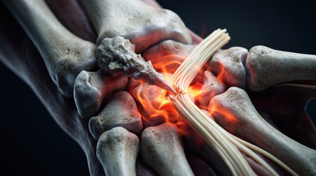 3D Medical Render of Sharp Wrist Bone Spur Piercing Nerve Bundle with Fiery Heat Waves