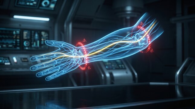 3D Cybernetic Hologram of Forearm Nerve Network Floating Over Tech Table with Red Target Rings