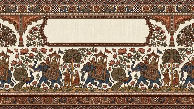 Royal indian elephant procession banner with ornate empty copy space frame for wedding invitation