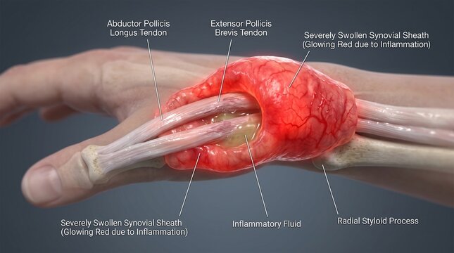 Labeled 3D Medical Diagram of De Quervain Tenosynovitis Showing Swollen Sheath and Radial Styloid Process