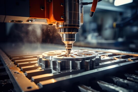 Automated cnc milling machine cutting metal workpiece at factory workshop, industrial background