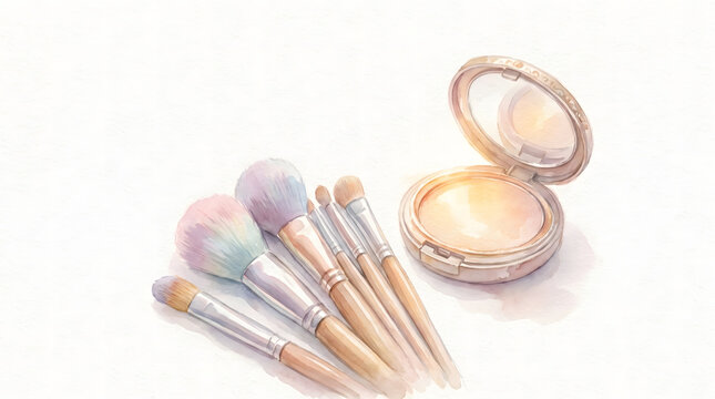 Elegant watercolor illustration of soft makeup brushes and facial powder compact for beauty routine