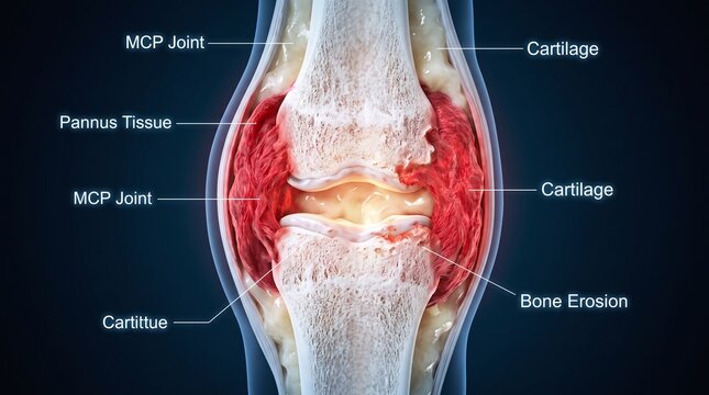 Labeled 3D Medical Cross Section of Knuckle Joint Showing Bilateral Pannus Tissue and Cartilage Erosion
