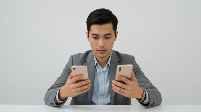 Medium shot of Asian man using two smartphones with focused expression
