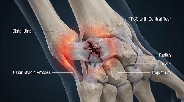 Detailed Labeled 3D Skeletal Render of Wrist Highlighting TFCC Central Tear and Ulnar Styloid Process