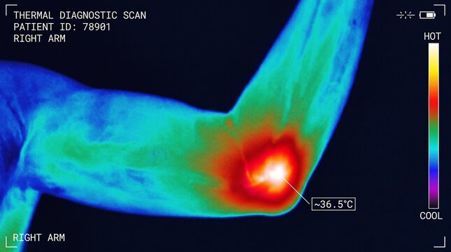 Medical Thermal Scan of Right Arm Displaying White-Hot Temperature Spike at Lateral Elbow Joint