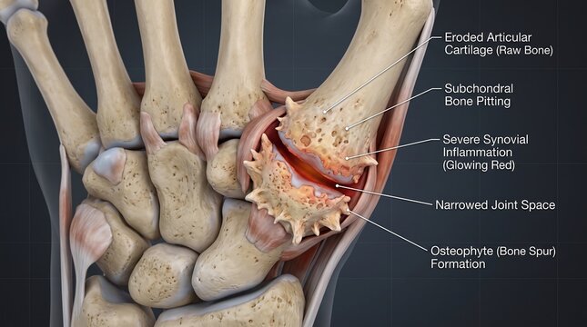 Detailed Labeled 3D Medical Diagram of Hand Anatomy Demonstrating Severe Thumb CMC Joint Osteoarthritis