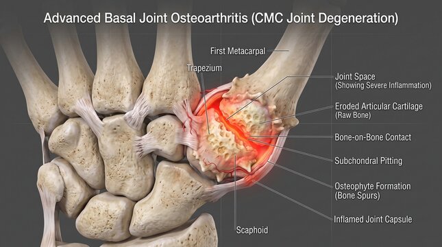 Labeled 3D Medical Diagram of Advanced Basal Joint Osteoarthritis with CMC Joint Degeneration and Severe Inflammation