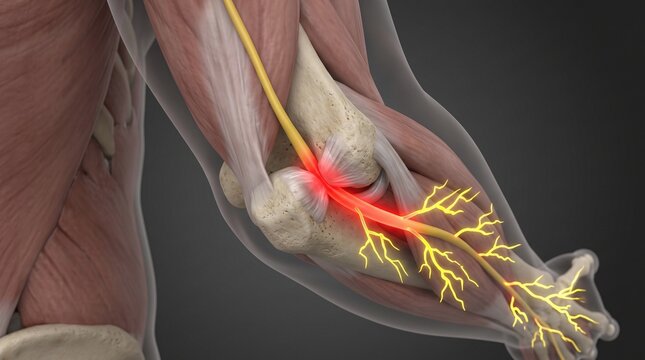 3D Musculoskeletal Render of Arm Highlighting Ulnar Nerve Compression and Radiating Yellow Pain Lines