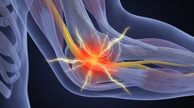 Translucent 3D Anatomical Render of Pinched Ulnar Nerve at the Elbow with Electric Shock Pain