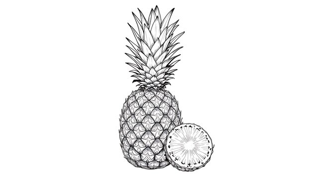 Detailed botanical line art illustration of a pineapple fruit on white background