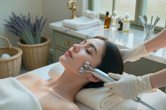 Young adult Caucasian woman receiving facial massage treatment with microcurrent roller in beauty clinic, promoting skincare, anti aging, spa wellness and cosmetic marketing