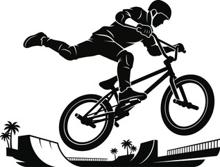 Fototapeta premium Dynamic BMX rider silhouette performing an extreme stunt jump over skatepark ramps with palm trees, concept for urban action sports excitement, ideal for event posters and merchandise design