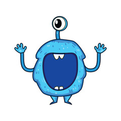Blue furry one eyed monster character opening its mouth wide, raising arms in surprise, creating a playful and fun illustration for various design projects © PikePicture
