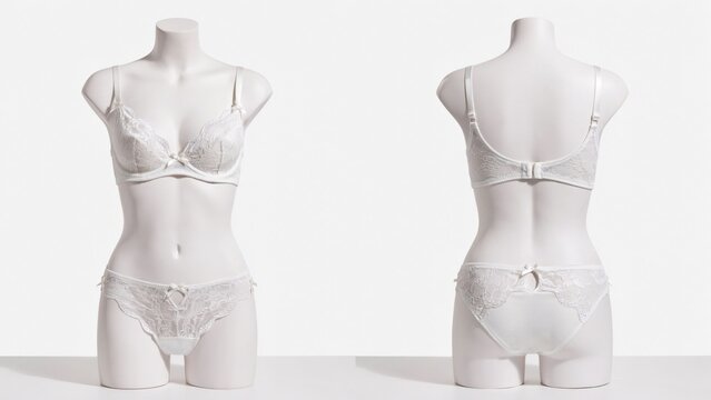 White lace lingerie set on mannequin isolated on white background