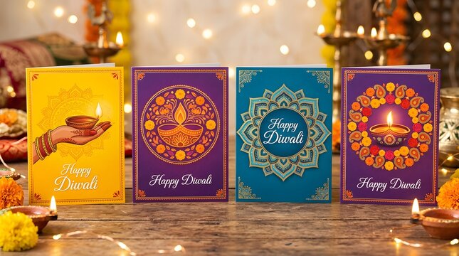 Four colorful diwali greeting cards displayed on a rustic wooden table with decorative marigold flowers and warm fairy lights in the background