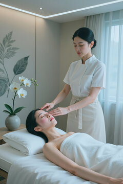 Vertical shot of Asian young adult esthetician performing facial treatment for Asian young adult woman in spa clinic. Supporting skincare, wellness, beauty service, self care marketing