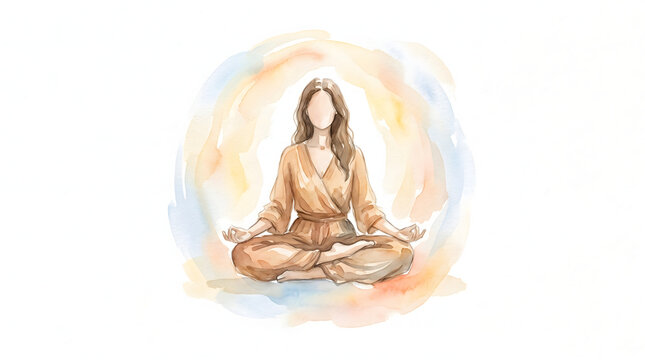 Serene woman meditating in lotus position surrounded by a colorful watercolor aura circle