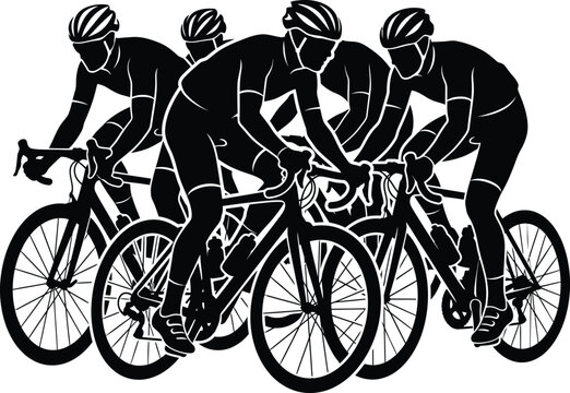 Dynamic cyclist team silhouette in fast racing motion with road bikes and helmets, concept for competitive endurance and athletic speed, ideal for tournament posters, cycling club branding, and event