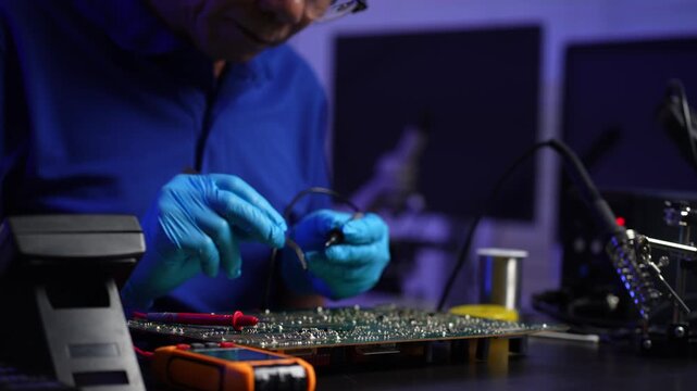 Close-up of semiconductor microchip on circuit board, motherboard processor for computer repair, hardware technology and chip manufacturing industry concept.