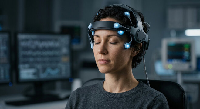 Patient wearing futuristic EEG neural headset
