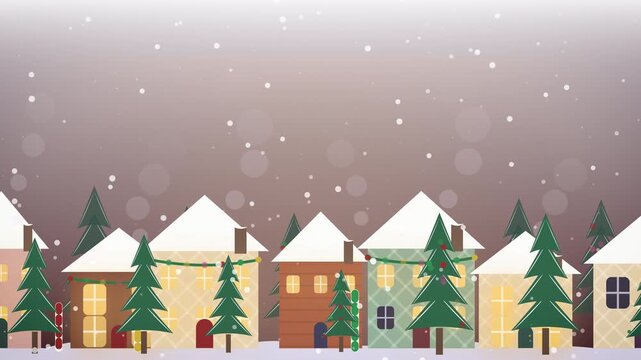Snow drifts across a warm illustrated Christmas village with festive trees and glowing homes, creating a cheerful cinematic holiday background for seasonal marketing and ads.