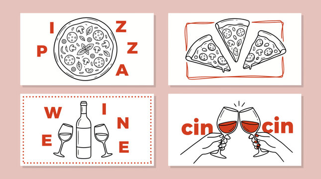 Italian pizza and wine line art illustrations with cin cin toast for restaurant menu and aperitivo design