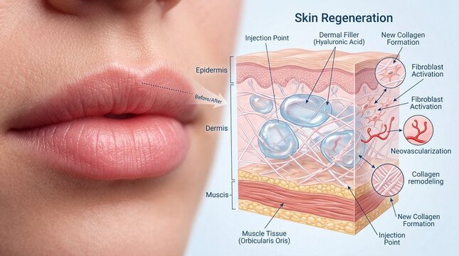 Skin regeneration diagram showing epidermis dermis muscle collagen remodeling fibroblast activation new collagen formation and neovascularization near lips highlighting rejuvenation process