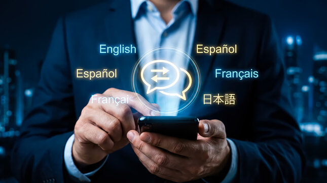 Businessman using mobile smartphone with translation language app icon interface on futuristic city background