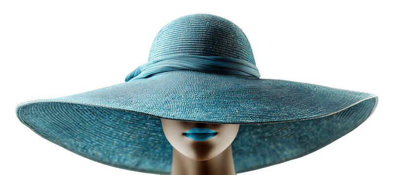Close up portrait sophisticated woman hiding behing a blue turquoise large straw hat, blue lips, elegant summer fashion and accessory isolated on white or transparent background, png cut out