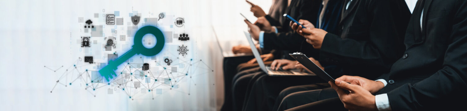 Business Professionals Using Technology for Data Security and Digital Encryption with Creative Key Image Representation Sigmoid