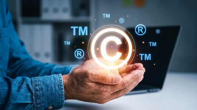 Businessman holding glowing copyright symbol in hands, intellectual property protection concept