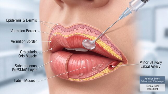 Vermilion border dermal filler placement lip anatomy epidermis dermis orbicularis oris muscle subcutaneous fat SMAS layer labial mucosa minor salivary labial artery medical illustration
