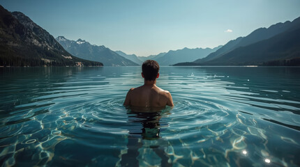 Fototapeta premium Rear view of man surrounded by calm reflective water in mountain lake