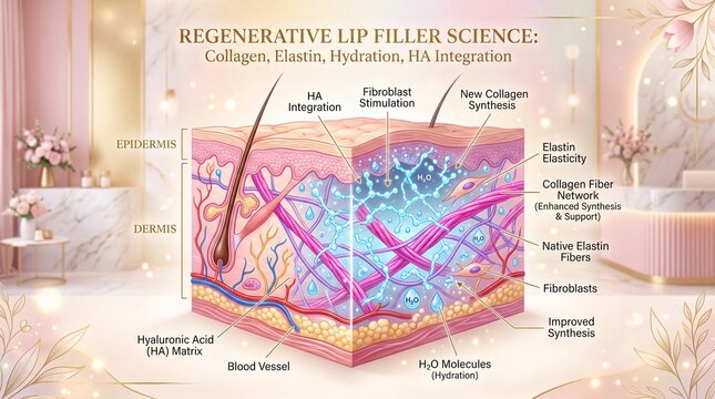 Regenerative lip filler science diagram showing collagen, elastin, hydration, HA integration, fibroblast stimulation, new collagen synthesis, and skin layers in luxury beauty clinic setting